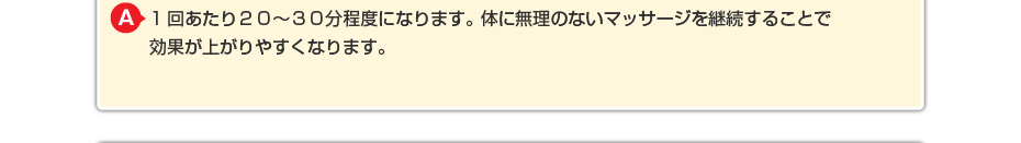 1回あたり２０～３０分程度になります。体に無理のないマッサージを継続することで効果が上がりやすくなります。